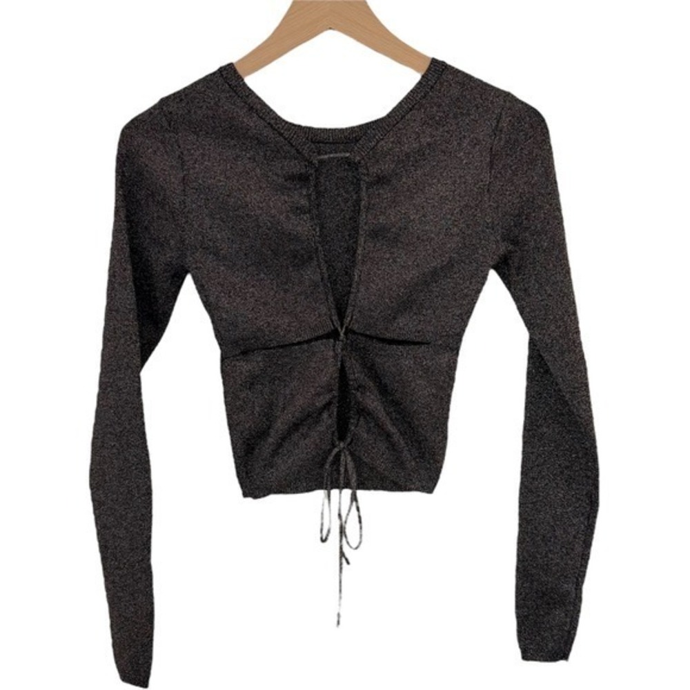 ASTR The Label Black Rainbow Metallic Long Sleeve Tie Front Crop Top Size XS